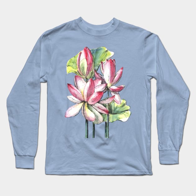 Lotus Flowers Watercolor Painting Long Sleeve T-Shirt by Ratna Arts